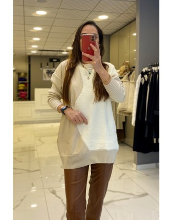 Tığ Triko Bej Deri Detaylı Triko Tunik