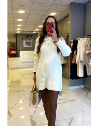 Tığ Triko Ekru Fitilli Sakal Tunik