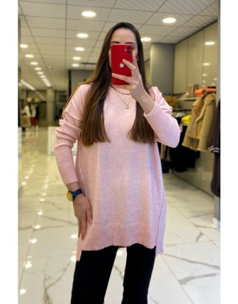 Tığ Triko Pembe Yarım Balıkçı Yaka Triko Tunik