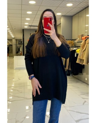 Tığ Triko Siyah Yarım Balıkçı Yaka Triko Tunik