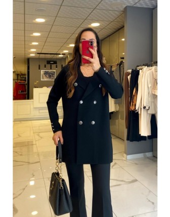 Tığ Triko Siyah Kruvaze Yaka Rayon Düğmeli Hırka