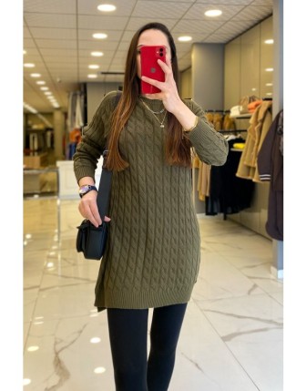 Tığ Triko Haki Örgü Detaylı Triko Tunik