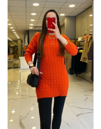 Tığ Triko Oranj Örgü Detaylı Triko Tunik