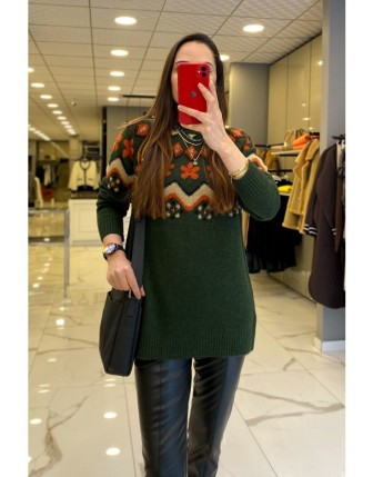 Tığ Triko Haki Aksesuar Detaylı Renk Geçişli Kazak