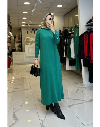 Tığ Triko Yeşil Dik Yaka Kolları Düğme Detaylı Triko Elbise