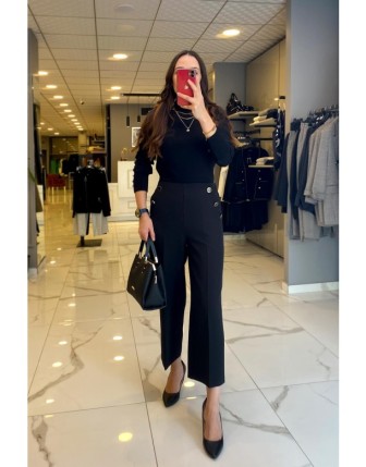 Ekol Siyah Düğme Detaylı Beli Lastikli Bol Paça Pantolon 