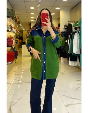 Tığ Triko Yeşil Çelik Örgü Cep Detaylı Yakası Taşlı Kot Ceket
