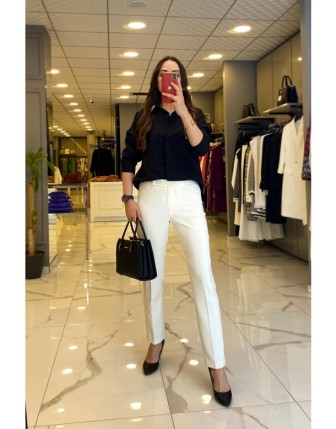 Ekol Ekru Dar Paça Cep Detaylı Kumaş Pantolon 