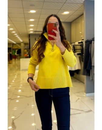 On Fashion Sarı Hakim Yaka Önü Fermuarlı Kazak