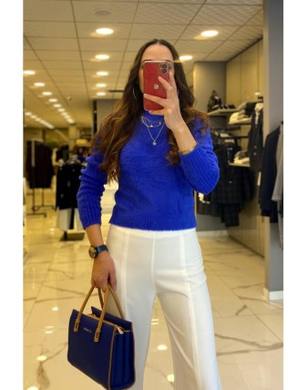 On Fashion Mavi Fitilli Sakal İplikli Dik Yaka Kazak