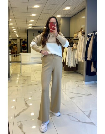 On Fashion Bej Triko Bol Paça Kuşaklı Pantolon