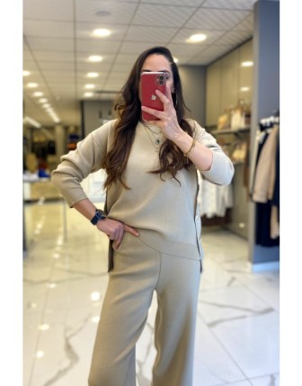 On Fashion Bej Gold Düğme Detaylı Triko Kazak