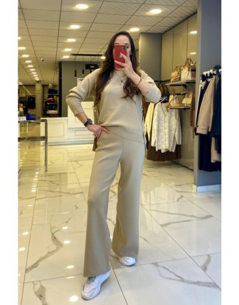 On Fashion Bej Triko Bol Paça Pantolon