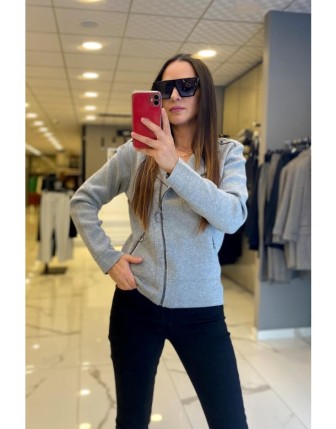 On Fashion Gri Yandan Fermuarlı Omuz Apoletli Yakalı Hırka