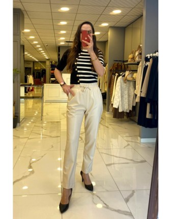 On Fashion Ekru Beli Lastikli Cep Detaylı Deri Pantolon