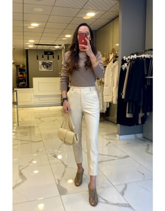 On Fashion Ekru Düğme Ve Cep Detaylı Deri Dar Paça Pantolon