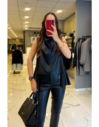 On Fashion Siyah Tam Balıkçı Sıfır Kollu Deri Süveter 