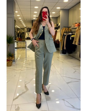 On Fashıon Haki Boru Paça Gold Düğme Detaylı Pantolon