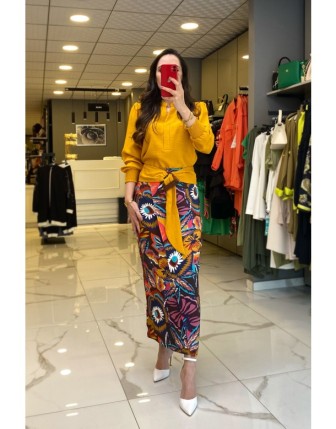 Hukka Hardal  Egzotik Desenli Kemer Detaylı Etek