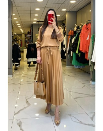 Hukka Camel Pileli Etekli Kol Manşetli Takım