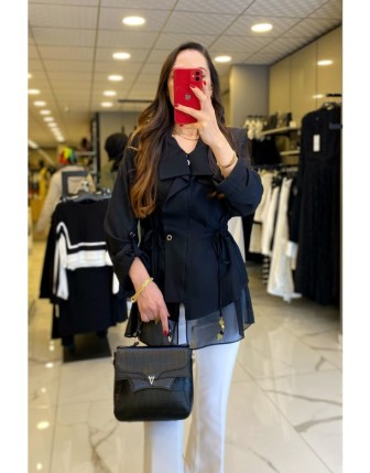 Hukka Siyah Beli Büzgülü Fermuar Detaylı Ceket