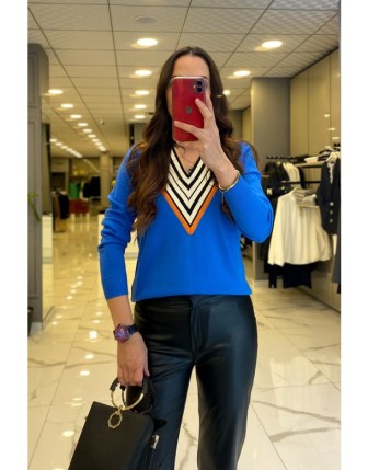 On Fashion Mavi Yakası Çizgili V Yaka Kazak