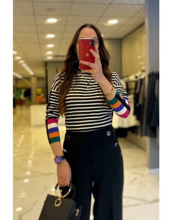 On Fashion Siyah Çizgili Kolları Renkli Balıkçı Yaka Kazak