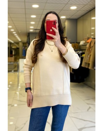 On Fashıon Bej Sıfır Yaka Triko Bluz