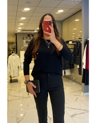 On Fashion Siyah Cep Detayı Çift Düğmeli Kazak