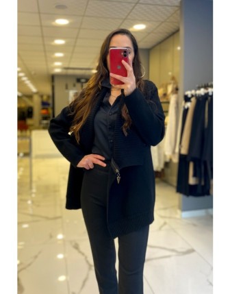 On Fashion Siyah Çift Fermuarlı Verev  Hırka