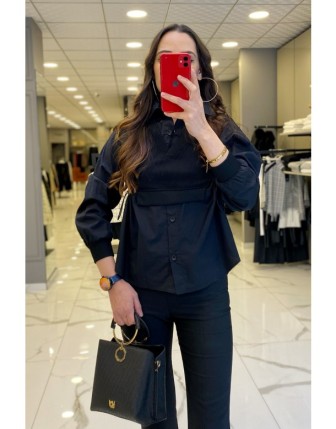 On Fashion Siyah Üst Tarafı Fitilli Gömlek Detaylı Uzun Kollu Bluz