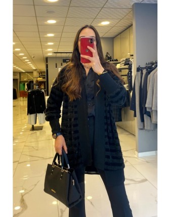 On Fashion Siyah Sim Ve Kadife Detaylı Kolları Lastikli Ribanalı Hırka