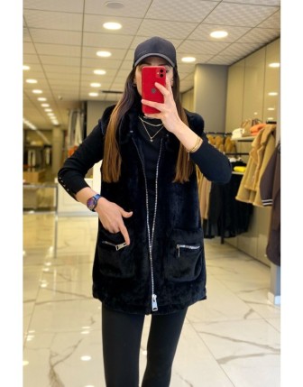 On  Fashıon Siyah  Fermuar Detaylı Kürklü Yelek