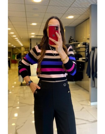 On Fashion Fuşya Renkli Çizgili Uzun Kollu Kazak 