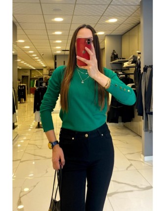 On Fashion Yeşil Balıkçı Yaka Kolu Gold Düğmeli Triko Kazak