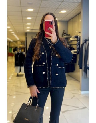 On Fashion Siyah yakası Gold İp İşlemeli Cepleri İnci Düğmeli V Yaka Hırka 