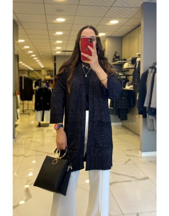 On Fashion Siyah Kapri Kol Uzun Cep Detaylı Simli Hırka