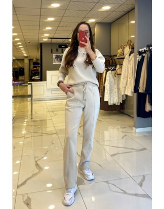 On Fashion Ekru Beli Lastikli Cep Detaylı Eşofman Altı