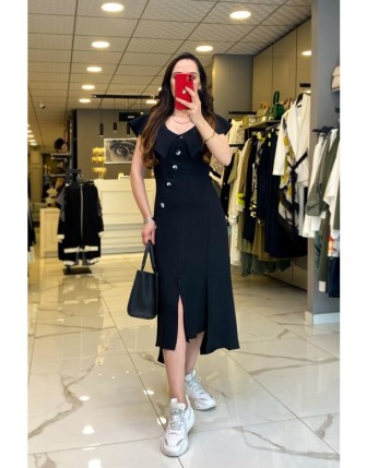 Miarte Siyah V Yaka Düğme Detaylı Yırtmaçlı Astarlı Elbise