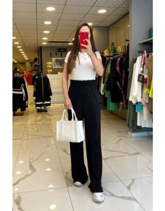 Ekol Siyah Beli Lastikli Piliseli Bol Paça Pantolon