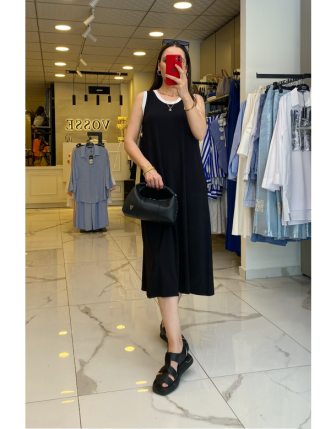 On Fashıon Siyah Bisiklet Yaka Sıfır Kollu Midi Boy Elbise