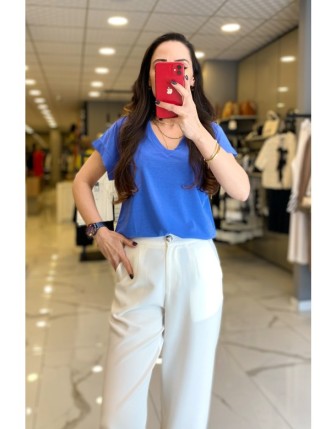 On Fashıon Mavi V Yaka Tişört