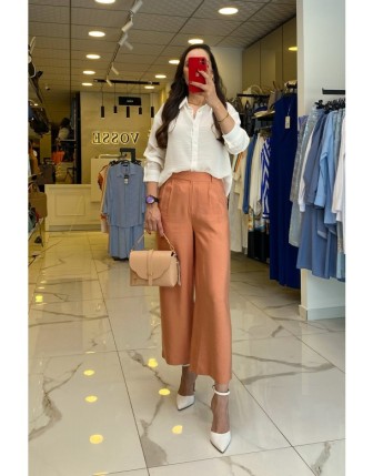 Ekol Somon Beli Lastikli Düğme Detaylı Düz Paça Bilek Boy Pantolon