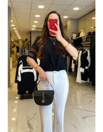 On Fashıon Siyah Krep Kumaş Kol Detaylı Bluz