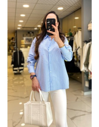 On Fashıon Mavi Taşlı Cep Detalı Gömlek