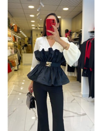 Mionette Siyah V Yaka Aksesuar Detaylı Uzun Kollu Bluz