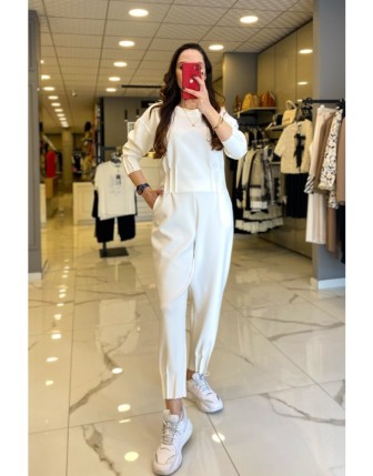 On Fashıon Ekru  Dikiş Detaylı Beli Lastikli Pantolon