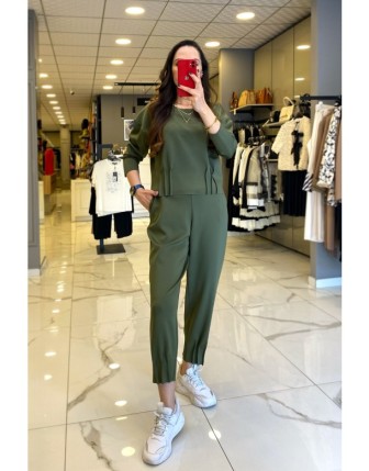 On Fashıon Haki Dikiş Detaylı Beli Lastikli Pantolon