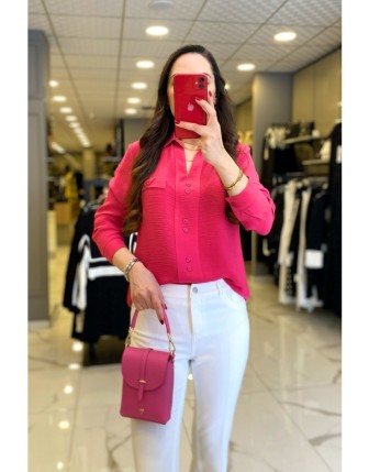 On Fashıon Pembe Düğme Detyalı V Yaka Gömlek