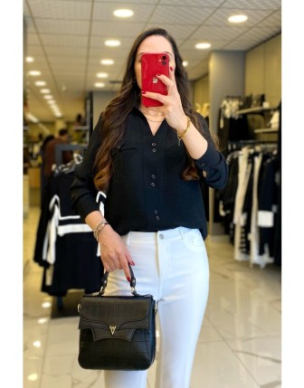 On Fashıon Siyah Düğme Detyalı V Yaka Gömlek